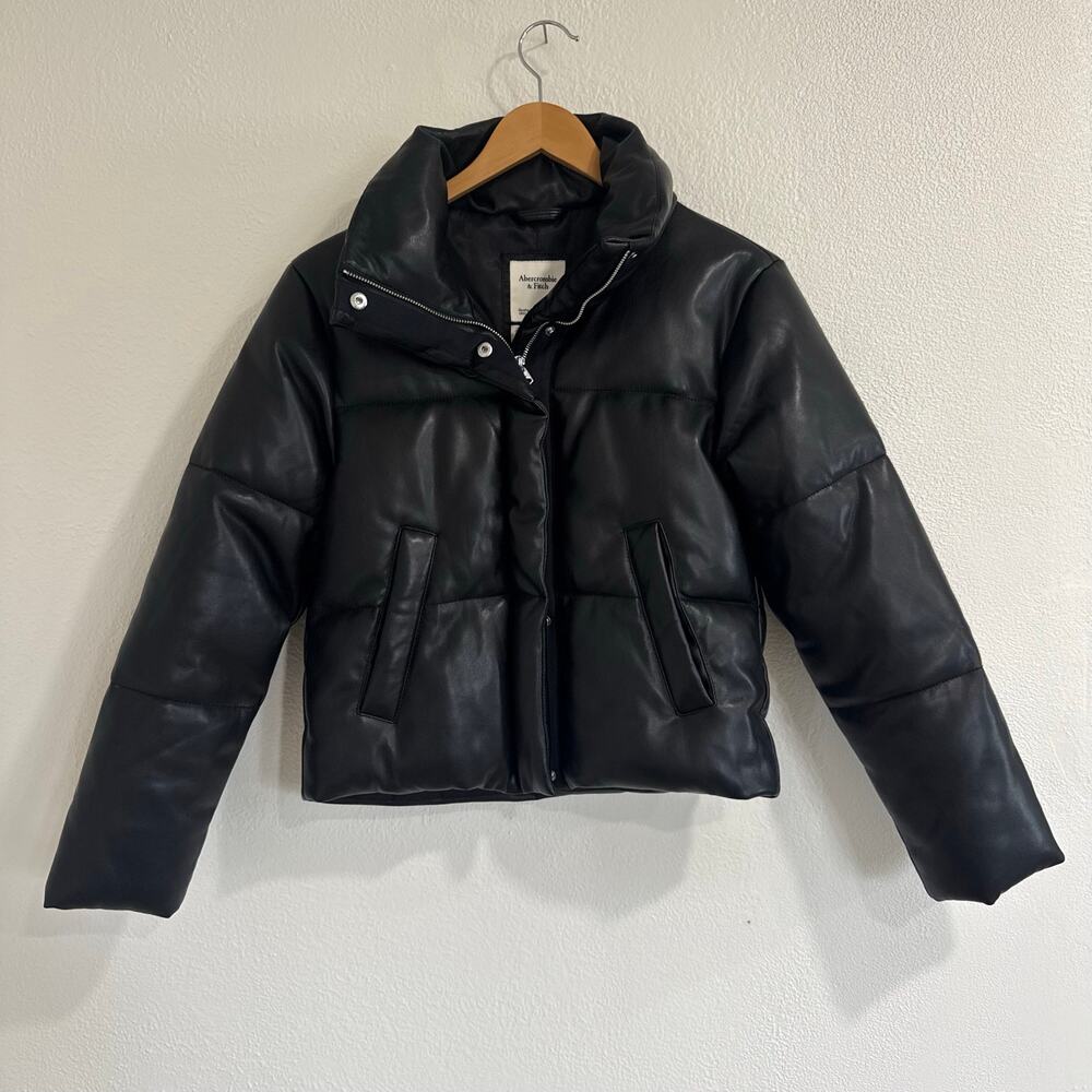 Abercrombie & Fitch Vegan Leather Mini Puffer Jacket Black Chic Size XS - Picture 2 of 10